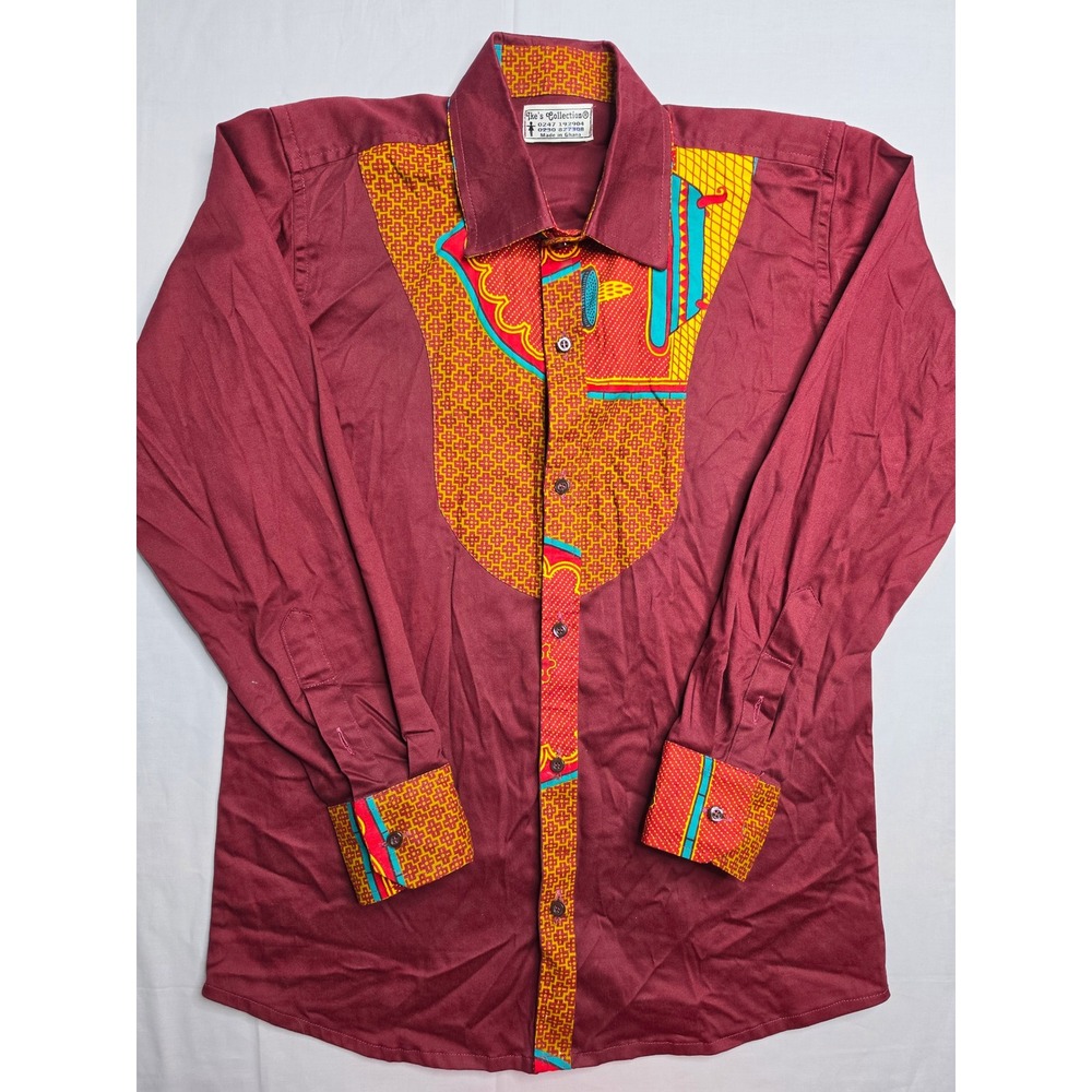 Ike's Collection Shirt Men's Large Maroon African Print Long Sleeve Button-Up